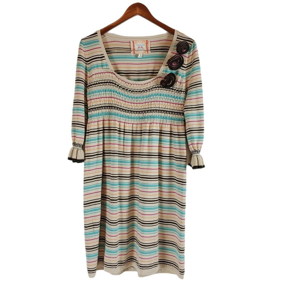 Chelsea And Violet Boho Dress Striped Cream Floral Smocked Size M Style 8C11452